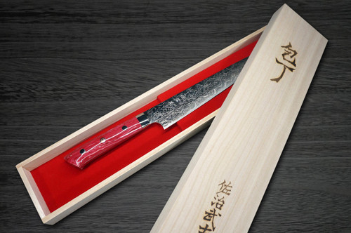 Takeshi Saji R2 Diamond Finish Damascus TCR Japanese Chefs SlicerSujihiki 270mm with Red Turquoise Handle