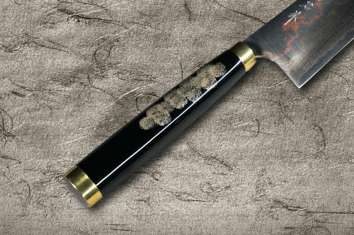 Takeshi Saji Makie-Art Aogami No.2 Colored Damascus Japanese Chefs Gyuto Knife 240mm with Urushi Lacquered Saya and Handle FUJIN RAIJIN