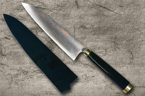 Takeshi Saji Makie-Art Aogami No.2 Colored Damascus Japanese Chefs Gyuto Knife 210mm with Urushi Lacquered Saya and Handle FUJIN RAIJIN