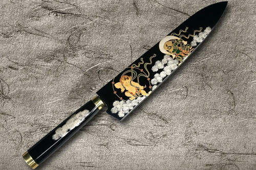 Takeshi Saji Makie-Art Aogami No.2 Colored Damascus Japanese Chefs Gyuto Knife 210mm with Urushi Lacquered Saya and Handle FUJIN RAIJIN
