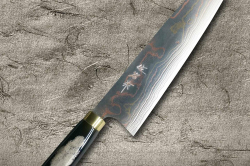 Takeshi Saji Makie-Art Aogami No.2 Colored Damascus Japanese Chefs Gyuto Knife 210mm with Urushi Lacquered Saya and Handle FUJIN RAIJIN