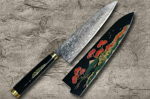 Takeshi Saji Makie-Art R2SG2 Mirrored Damascus Japanese Chefs Gyuto Knife 210mm with Urushi Lacquered Saya and Handle FUJI on LAKEPN