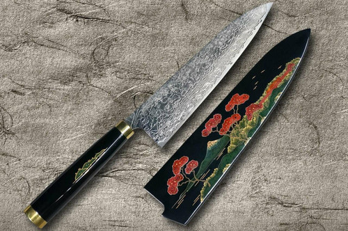 Sakai Takayuki Kasumitogi Buffalo Tsuba Engraving Art Japanese Chef's Deba  Knife 210mm Maiko-to-Sakura(Geisha & Cherry Blossoms)