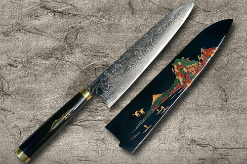 Takeshi Saji Makie-Art R2SG2 Mirrored Damascus Japanese Chefs Gyuto Knife 240mm with Urushi Lacquered Saya and Handle FUJI on LAKEBT