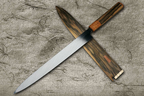 Yoshihiro Senbon Kurogaki Edition White No.2 Honyaki MtFuji-Art YanagibaSashimi 300mm with Special Black Persimmon Handle and Saya in Paulownia Box