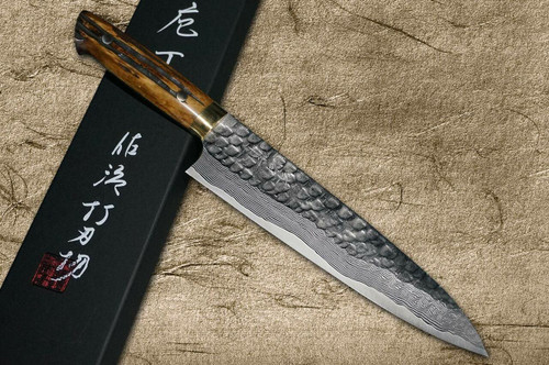 Takeshi Saji VG10 Mirror Hammered Damascus DHM Japanese Chefs Gyuto Knife 210mm with Brown Antler Handle