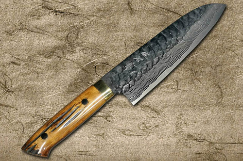 Takeshi Saji VG10 Mirror Hammered Damascus DHM Japanese Chefs Santoku Knife 180mm with Brown Antler Handle