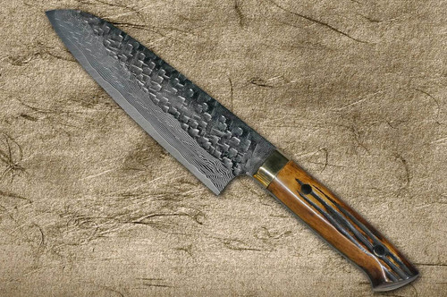 Takeshi Saji VG10 Mirror Hammered Damascus DHM Japanese Chefs Santoku Knife 180mm with Brown Antler Handle