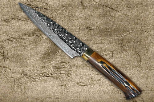 Takeshi Saji VG10 Mirror Hammered Damascus DHM Japanese Chefs Petty KnifeUtility 150mm with Brown Antler Handle