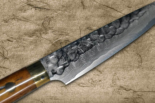 Takeshi Saji VG10 Mirror Hammered Damascus DHM Japanese Chefs Petty KnifeUtility 150mm with Brown Antler Handle