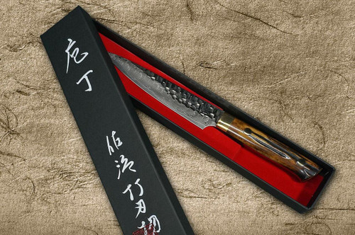 Takeshi Saji VG10 Mirror Hammered Damascus DHM Japanese Chefs Petty KnifeUtility 150mm with Brown Antler Handle