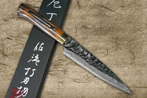 Takeshi Saji VG10 Mirror Hammered Damascus DHM Japanese Chefs Petty KnifeUtility 150mm with Brown Antler Handle