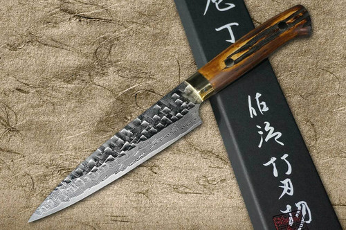 Takeshi Saji VG10 Mirror Hammered Damascus DHM Japanese Chefs Petty KnifeUtility 150mm with Brown Antler Handle