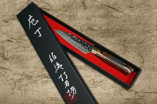 Takeshi Saji VG10 Mirror Hammered Damascus DHM Japanese Chefs Petty KnifeUtility 90mm with Brown Antler Handle