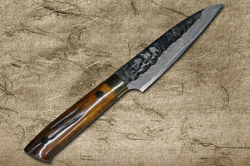 Takeshi Saji VG10 Mirror Hammered Damascus DHM Japanese Chefs Petty KnifeUtility 90mm with Brown Antler Handle