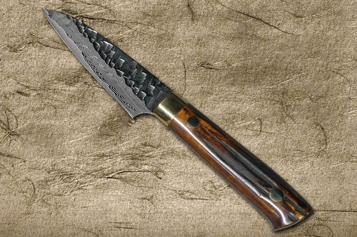 Takeshi Saji VG10 Mirror Hammered Damascus DHM Japanese Chefs Petty KnifeUtility 90mm with Brown Antler Handle