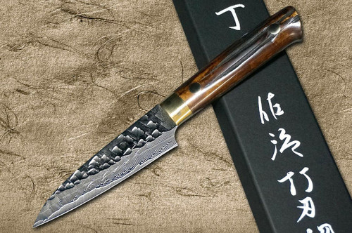 Takeshi Saji VG10 Mirror Hammered Damascus DHM Japanese Chefs Petty KnifeUtility 90mm with Brown Antler Handle