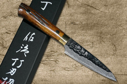 Takeshi Saji VG10 Mirror Hammered Damascus DHM Japanese Chefs Petty KnifeUtility 90mm with Brown Antler Handle