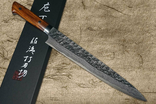 Takeshi Saji VG10 Mirror Hammered Damascus IRN Japanese Chefs SlicerSujihiki 270mm with Desert Ironwood Handle