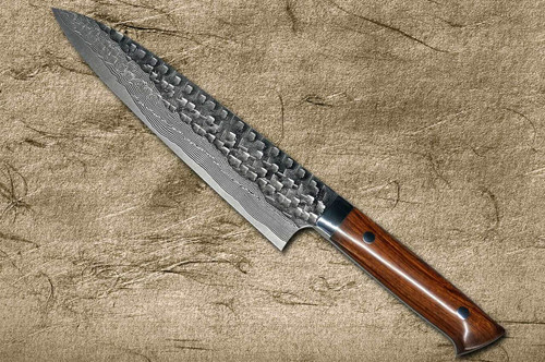 Takeshi Saji VG10 Mirror Hammered Damascus IRN Japanese Chefs Gyuto Knife 210mm with Desert Ironwood Handle
