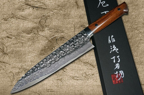 Takeshi Saji VG10 Mirror Hammered Damascus IRN Japanese Chefs Gyuto Knife 210mm with Desert Ironwood Handle