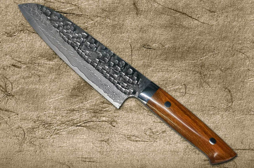 Takeshi Saji VG10 Mirror Hammered Damascus IRN Japanese Chefs Santoku Knife 180mm with Desert Ironwood Handle
