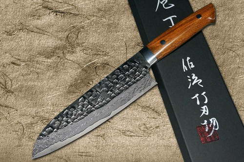 Takeshi Saji VG10 Mirror Hammered Damascus IRN Japanese Chefs Santoku Knife 180mm with Desert Ironwood Handle