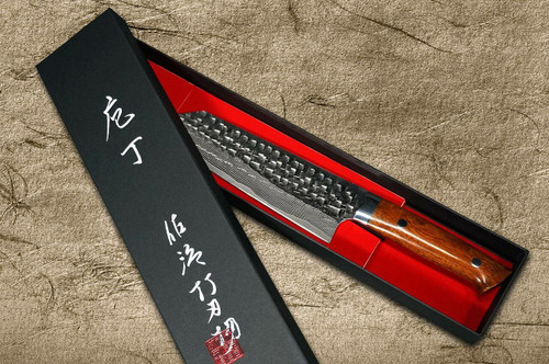 Takeshi Saji VG10 Mirror Hammered Damascus IRN Japanese Chefs Bunka Knife 180mm with Desert Ironwood Handle
