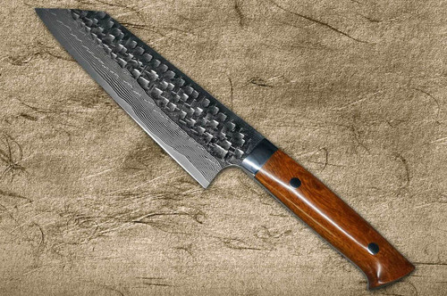 Takeshi Saji VG10 Mirror Hammered Damascus IRN Japanese Chefs Bunka Knife 180mm with Desert Ironwood Handle