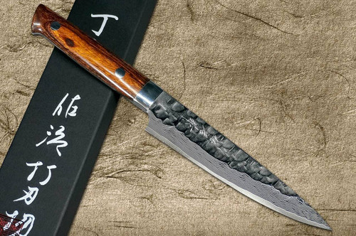 佐治武士 VG10镜面锤击Damascus IRN日本厨师小刀Utility 130mm，沙漠铁木手柄。