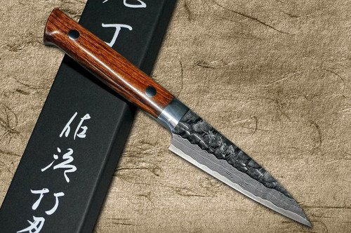 Takeshi Saji VG10 Mirror Hammered Damascus IRN Japanese Chefs Petty KnifeUtility 90mm with Desert Ironwood Handle