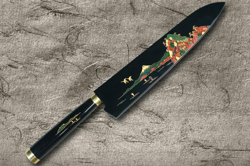 Takeshi Saji Makie-Art Aogami No.2 Colored Damascus Japanese Chefs Gyuto Knife 210mm with Urushi Lacquered Saya and Handle FUJI on LAKEBT