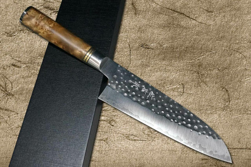 Takeshi Saji R2 Mirror Hammered KRN Japanese Chefs Santoku Knife 180mm with Karin Lump Handle