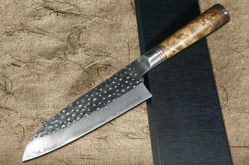 Takeshi Saji R2 Mirror Hammered KRN Japanese Chefs Santoku Knife 180mm with Karin Lump Handle
