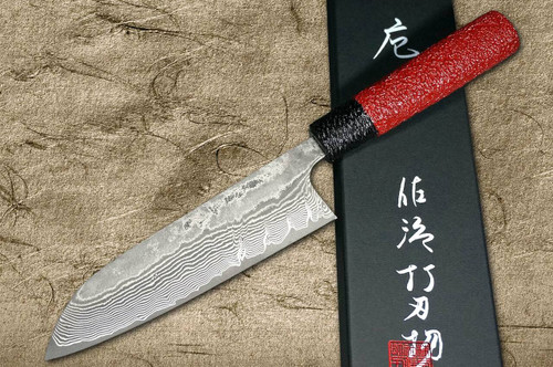 Takeshi Saji VG10 Black Damascus LL Japanese Chefs Santoku Knife 180mm with Black-Red Japanese Urushi Lacquered Handle
