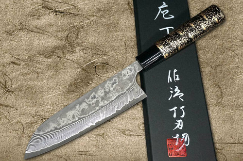 Takeshi Saji VG10 Black Damascus LC Japanese Chefs Santoku Knife 180mm with Black-Gold Japanese Urushi Lacquered Handle