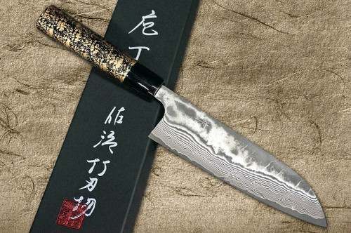 Takeshi Saji VG10 Black Damascus LC Japanese Chefs Santoku Knife 180mm with Black-Gold Japanese Urushi Lacquered Handle