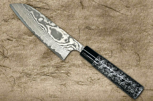 Takeshi Saji VG10 Black Damascus LC Japanese Chefs Santoku Knife 180mm with Black-Silver Japanese Urushi Lacquered Handle