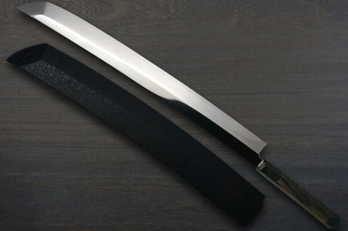 Sakai Takayuki ZANGETSU Honyaki Ginsan Japanese Chefs Mirrored Sakimaru-TakohikiSashimi 390mm with Wenge Handle and Saya Sheath