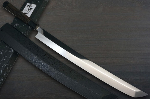 Sakai Takayuki ZANGETSU Honyaki Ginsan Japanese Chefs Mirrored Sakimaru-TakohikiSashimi 300mm with Wenge Handle and Saya Sheath