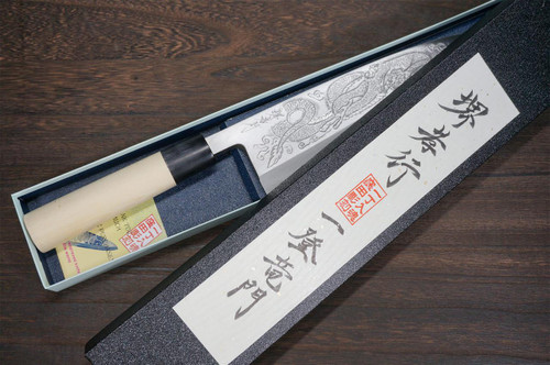 Sakai Takayuki Kasumitogi Buffalo Tsuba Engraving Art Japanese Chef's Deba Knife 240mm Itto-Ryumon(Dragon) 