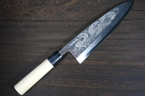 Sakai Takayuki Kasumitogi Buffalo Tsuba Engraving Art Japanese Chef's Deba Knife 240mm Itto-Ryumon(Dragon) 