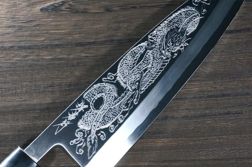 Sakai Takayuki Kasumitogi Buffalo Tsuba Engraving Art Japanese Chef's Deba Knife 300mm Itto-Ryumon(Dragon) 