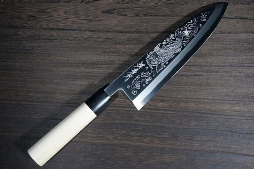 Sakai Takayuki Kasumitogi Buffalo Tsuba Engraving Art Japanese Chef's Deba Knife 210mm Sojou-no-Koi(Carp on Board) 