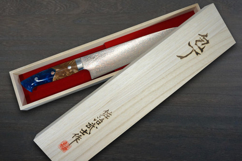 Takeshi Saji VG10 Colored Damascus STW Japanese Chefs Gyuto Knife 240mm No.14 Brown-Blue Stabilized Hybrid Wood Handle