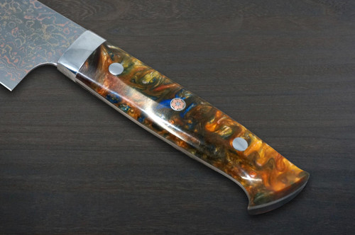 Takeshi Saji VG10 Colored Damascus STW Japanese Chefs Gyuto Knife 240mm No.15 Brown-Green Stabilized Hybrid Wood Handle