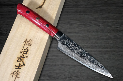 Takeshi Saji R2 Diamond Finish Damascus TCR Japanese Chefs Petty KnifeUtility 90mm with Red Turquoise Handle