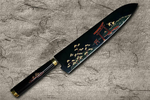 Takeshi Saji Makie-Art R2SG2 Mirrored Damascus Japanese Chefs Gyuto Knife 240mm with Urushi Lacquered Saya and Handle TORII FUJI on LAKE