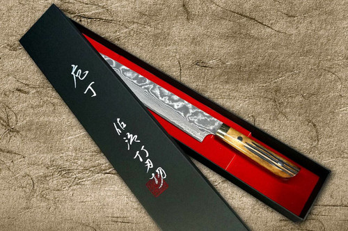 Takeshi Saji VG10 Black Damascus DHM Japanese Chefs SlicerSujihiki 270mm with Brown Antler Handle