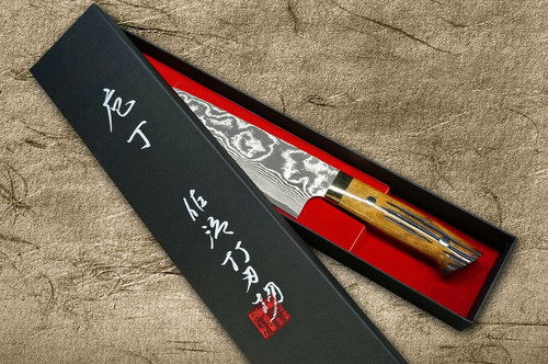 Takeshi Saji VG10 Black Damascus DHM Japanese Chefs Santoku Knife 180mm with Brown Antler Handle